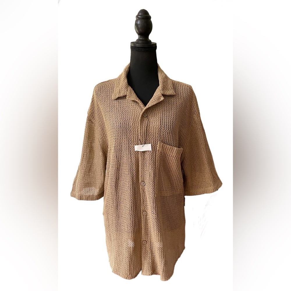 Zara: Khaki Tan Knit Button Down Cardigan Shirt with Cuban Collar